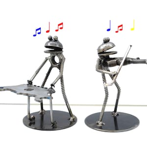 A Duet music performance ( Sell all 2), Frog play Keyboard and Violin metal sculpture, Iron Anniversary gifts for him, Wow couple gifts