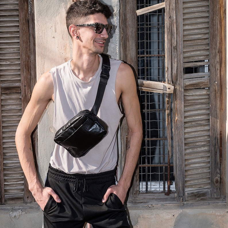 Vegan Waist Bag Hands Free Bag Fanny Pack Festival Pouch Cross Body Belt Bag Shiny Black Hip Bag UNA Bum Bag Fanny Packs For Man