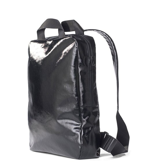 shiny black backpack