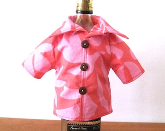 TROPICAL Mini Wine Bottle Shirt Cover PINK Floral on Pinkish-Orange COTTON Bartender Hostess Valentine's Day Gift Real Coconut Shell Buttons