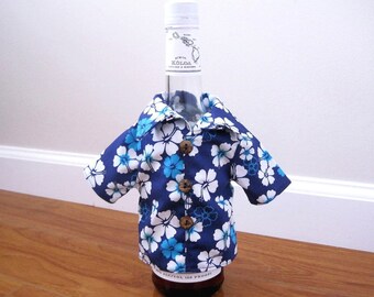 Mini HAWAIIAN Shirt Wine Bottle Cover ROYAL Blue White Aqua Hibiscus Cotton Housewarming Hostess Bartender Gift 3 REAL Coconut Shell Buttons