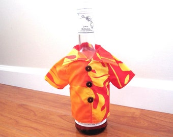 Mini HAWAIIAN Shirt Wine Bottle Cover Bright Red Orange Yellow Monstera Poly-Cotton Hostess BBQ Bartender Gift 3 REAL Coconut Shell Buttons