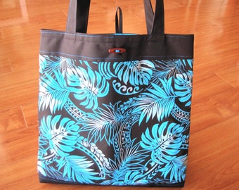 Large Tote Bag Hawaiian MONSTERA Leaves TURQUOISE Black Poly-Cotton Aqua CANVAS Lined Tropical Beach Birthday Housewarming Handmade 1 Pocket