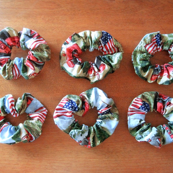 PATRIOTIC Scrunchies SET of 6 - Red Tractors Barns USA American Flags Red White Blue Cotton Ponytail Hair Holders 4th of July Birthday Gift