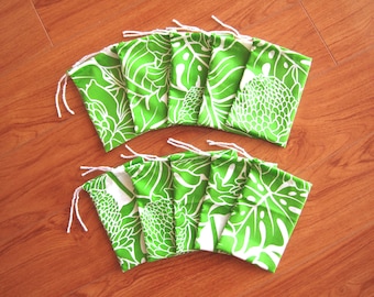 Tropical 4x6 Pouches SET of 10 Hawaiian LIME Green White Protea Flowers, Monstera, Taro Leaves Poly-Cotton Fabric Mini Drawstring Gift Bags