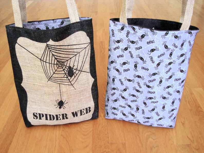 Small Tote Bag SPIDER WEB Jute Burlap Beige Black 100% Cotton image 0