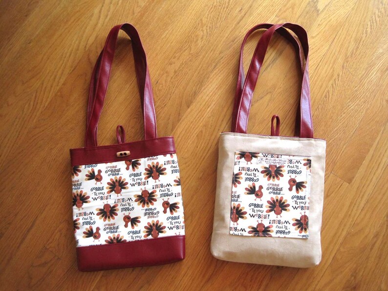 Small Tote Bag Holiday Thanksgiving Turkeys Brown Tan Gold image 4