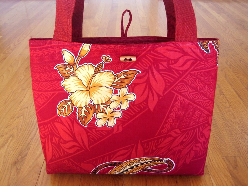 Large Tote Bag Hawaiian Dark RED Yellow Rust Black Hibiscus image 0