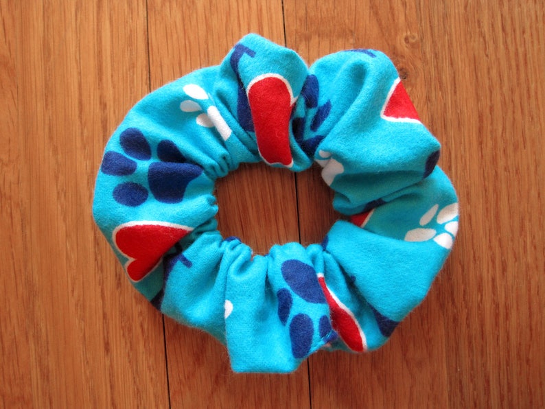 Paw Prints Hair Scrunchies Light Blue Red Hearts Navy White image 0