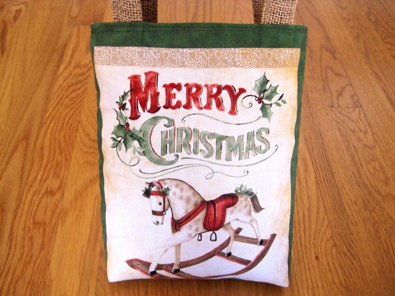 Berries Jute Burlap Children Girl Boy Gift Mini Tote Bags Vintage Toy Shop 100/% COTTON MERRY CHRISTMAS Rocking Horse Red Saddle Green Holly