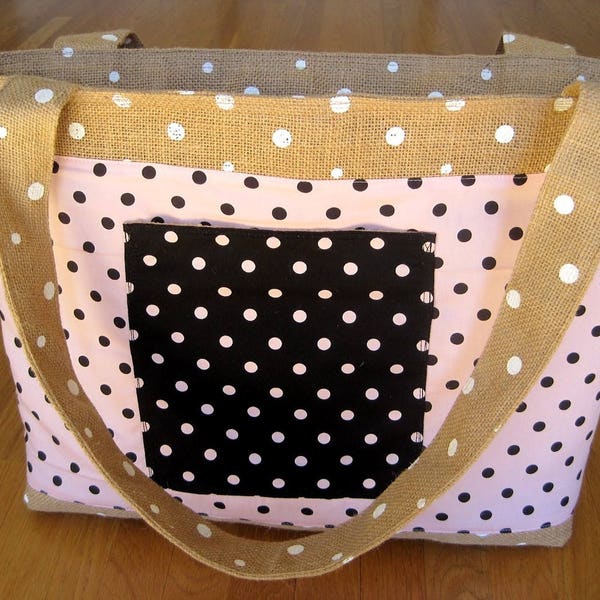 Jumbo Tote Bag Polka Dot Black Pink 100% COTTON Beige White BURLAP Valentine Mother's Day Easter Spring Beach Spa gift REVERSIBLE! 2 Pockets