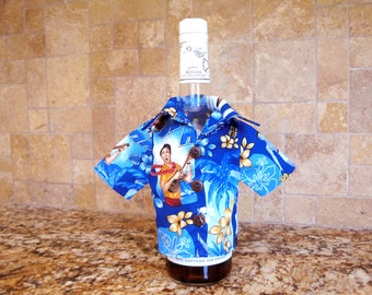 Mini ELVIS Wine Bottle Shirt Cover BLUE HAWAII 1961 movie Surfboards Plumerias Coconut Palm Ukulele Lei 100% Vintage Cotton Handcrafted gift