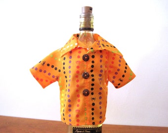 HALLOWEEN Mini Wine Bottle Shirt Cover Polka Dots Black White Lime Green Purple Spiders on ORANGE COTTON Hostess Bartender Housewarming Gift