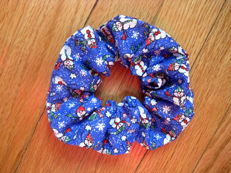 Snowman Hair Scrunchie BLUE White Snowflakes Snowmen with image 0