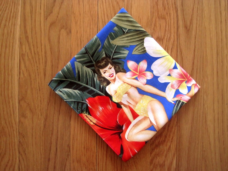 Hawaiian Bandanas Retro Island Girls Pin Up 1950s BLUE Red image 0