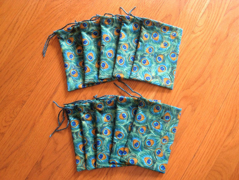 Novelty Pouches 4x6  SET of 10 Peacock Feathers Gold Navy image 0