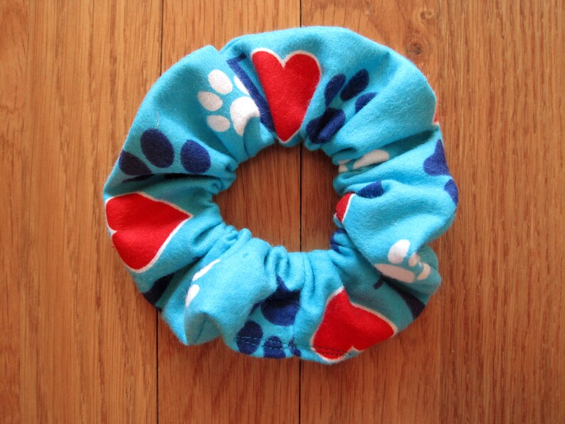 Paw Prints Hair Scrunchies Light Blue Red Hearts Navy White image 2