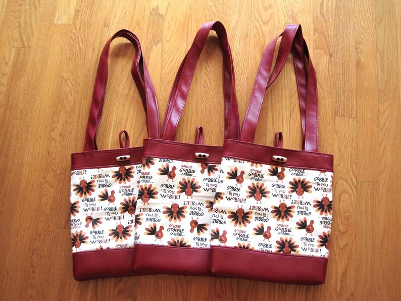 Small Tote Bag Holiday Thanksgiving Turkeys Brown Tan Gold image 9