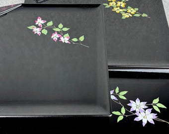 Set of Five Traditional Japanese Black Lacquerware Floral Sushi Trays
