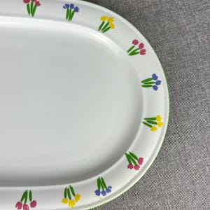 May include: White oval serving platter with a green rim and colorful floral pattern. The flowers are pink, yellow, and blue. The platter is a decorative piece for serving food.