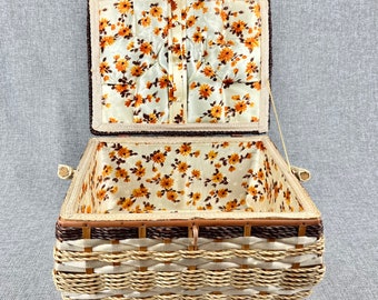 Vtg 60’s Woven Wicker Faux Alligator Floral Sewing Box Basket