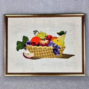 Vintage Framed Crewel Embroidery Wall Art Fruit Basket