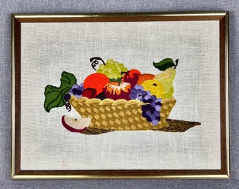 Vintage Framed Crewel Embroidery Wall Art Fruit Basket