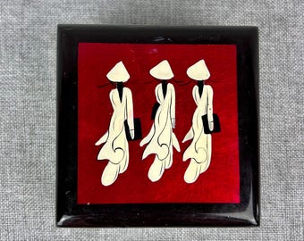 Boîte à bijoux en laque noire du milieu du siècle, vietnamienne, trois femmes