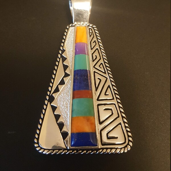 Relios, Carolyn Pollack, Vintage Southwestern Pendant, Multi Stone Inlay Pendant, Sterling Silver, 925 Pendant