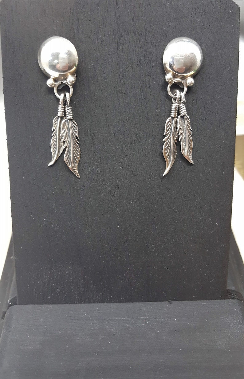 Sterling Silver Feathers Earrings 925 Southwest Vintage Earrings Dangle Drop