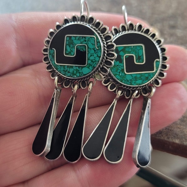 TAXCO, Mexico 925, Long Dangle Earrings, Onyx, Malachite, Vintage Handmade, Sterling Silver Drop Earrings, inv 974