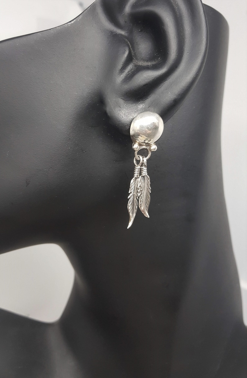 Sterling Silver Feathers Earrings 925 Southwest Vintage Earrings Dangle Drop