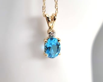 14K Gold, Blue Topaz Stone, Diamond Pendant , 14kt Yellow Gold Chain, Necklace, Vintage, Retro Gold and Silver Shop, inv 1108