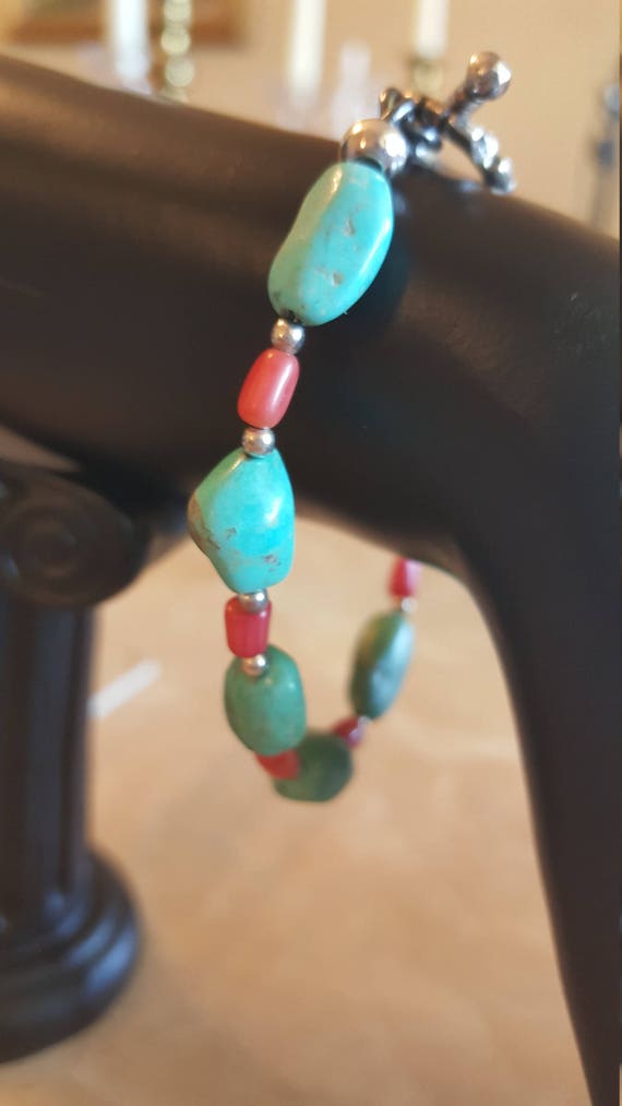 Southwestern Turquoise Nugget Coral 925 Vintage B… - image 1