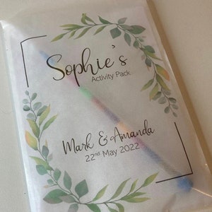 Pacchetto attività matrimonio eucalipto personalizzato A6, pacchetto attività per bambini, sacchetti di velina, botanico, foglie di eucalipto, fogliame,