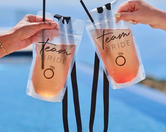 6 x Team Bride Hen Party Drink Pouch with Straw and Lanyard