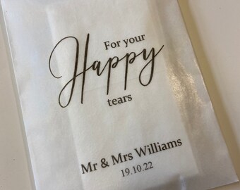 Personalised tissue pack, for your happy tears, wedding tissues, wedding favour, fun gift, personalised tissue Glassine, eco friendly