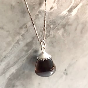 May include: A silver chain necklace with a dark brown teardrop-shaped pendant.