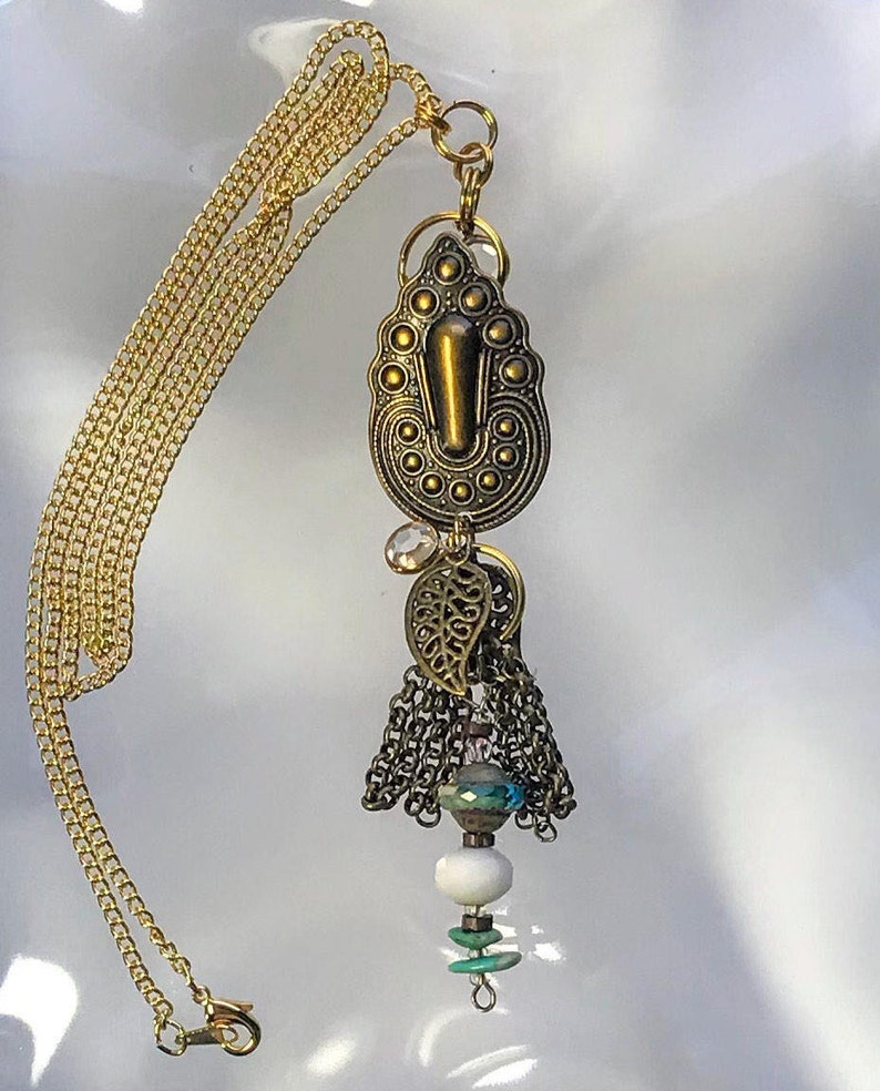 Bronze /& Turquoise Namaste Meditation Necklace Spiritual Anthropology Necklace Earring Set Ganesh Karma Symbol Vintage Pendant Gold Chain