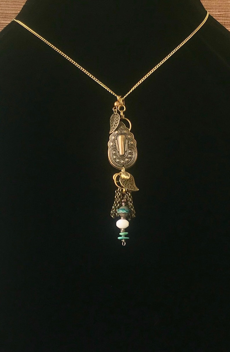 Bronze /& Turquoise Namaste Meditation Necklace Spiritual Anthropology Necklace Earring Set Ganesh Karma Symbol Vintage Pendant Gold Chain