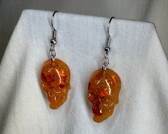 Orange Maple Leaf Skull Earrings | Fall Earrings | Halloween Earrings | Resin Earrings | Spooky Earrings