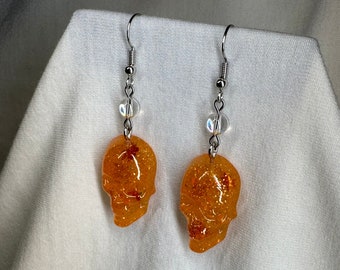 Orange Maple Leaf Skull Earrings | Fall Earrings | Halloween Earrings | Resin Earrings | Spooky Earrings | Earrings with Swarovski