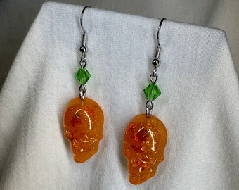 Orange Maple Leaf Skull Earrings | Fall Earrings | Halloween Earrings | Resin Earrings | Spooky Earrings | Earrings with Swarovski