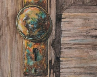 No Key Needed - Original Watercolor Painting of old cabin's doorknob