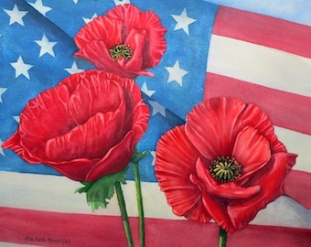 Veteran's Poppies - Original Watercolor Painting of Poppies and the flag