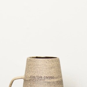 Pode incluir: Uma caneca de cerâmica bege com acabamento salpicado. A caneca tem uma alça e diz "Carlsbad Caverns National Park" no lado.