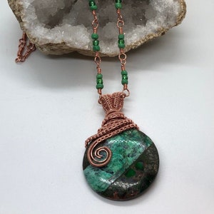 Copper wire wrapped green and black pendant with matching necklace image 1