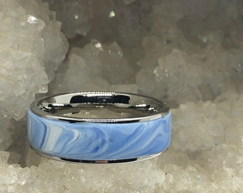 Surgical steel and marbled polymer clay ring (size 13 blue)