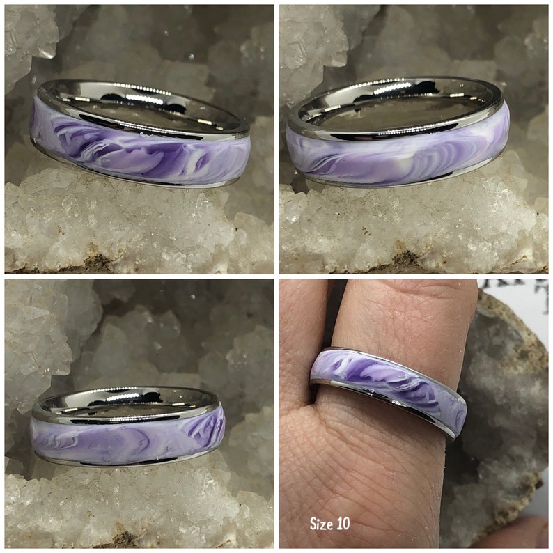 Surgical steel and marbled polymer clay ring size 10 purple image 3