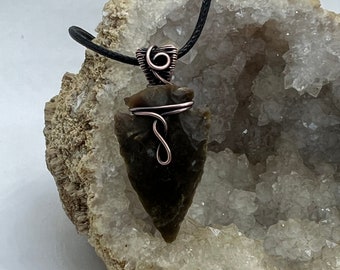 Antiqued copper wire wrapped Ohio flint arrowhead pendant